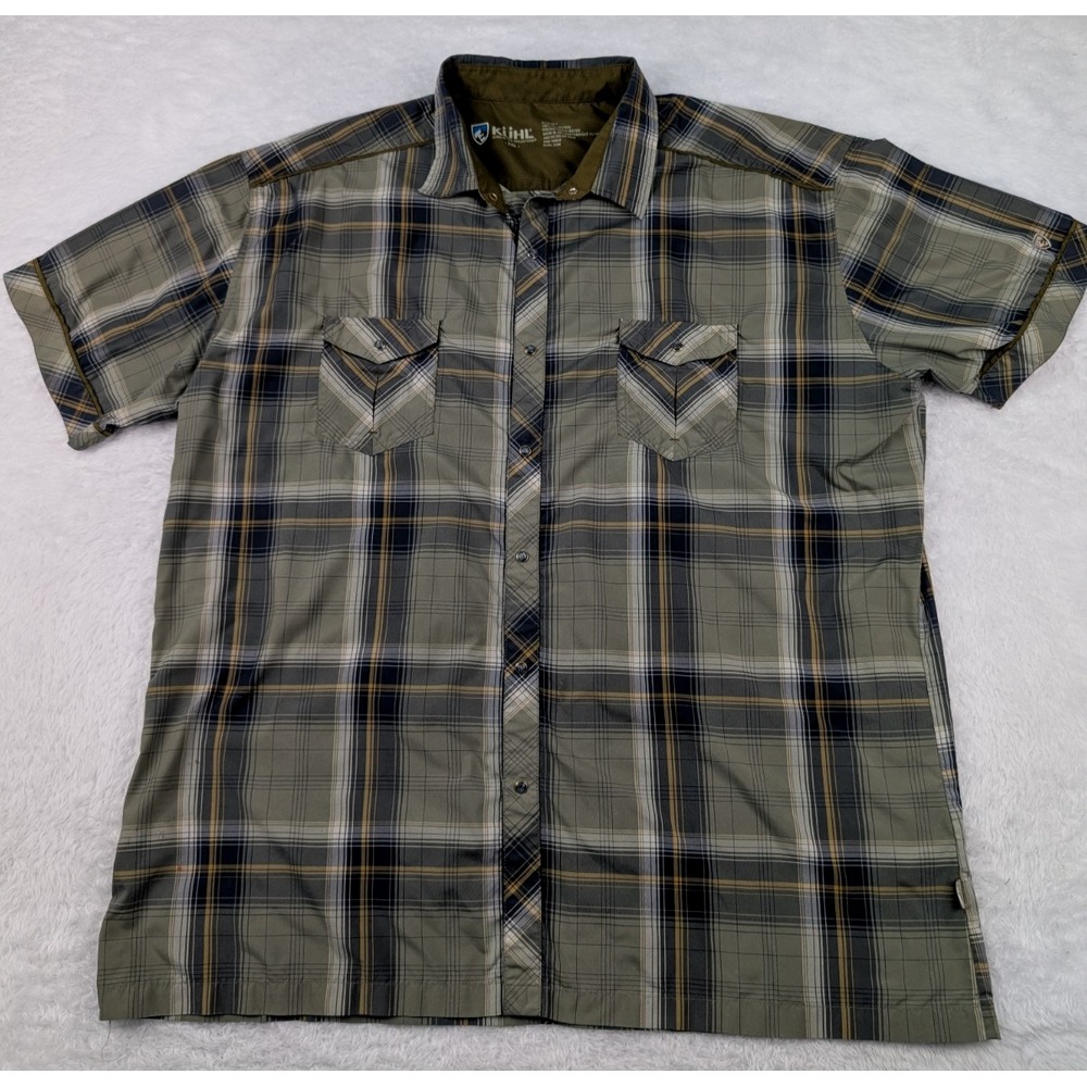 Kuhl Konquer Eluxur Pearl Snap Shirt Mens 2XL Green Plaid 7152 **Hole Flaws